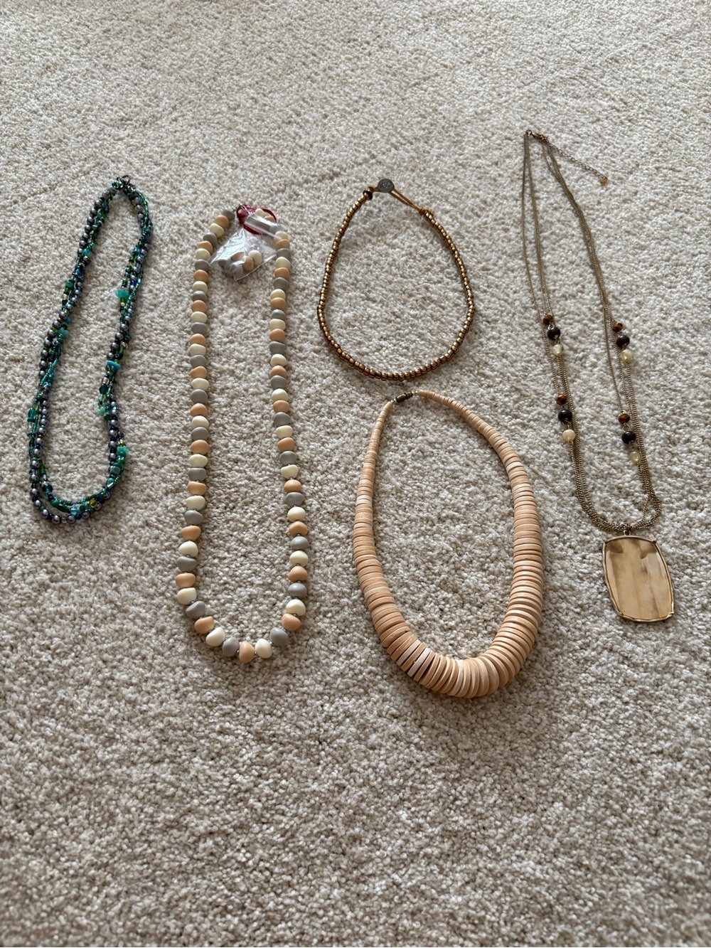 Five Assorted Women's Beaded Necklaces - Neutral & Blue/Green Colorways